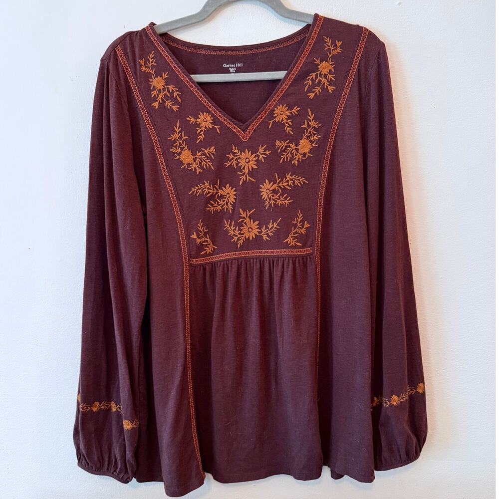 Garnet Hill brown embroidered peasant top, Size L